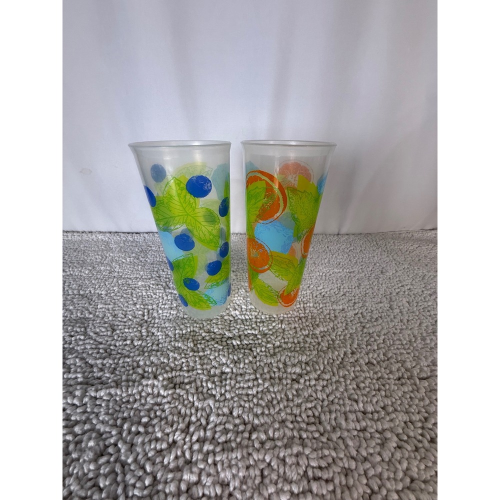 Tupperware 16oz Tumblers Set of 2 Vintage Fruit Graphic Frosted Plastic 5107L